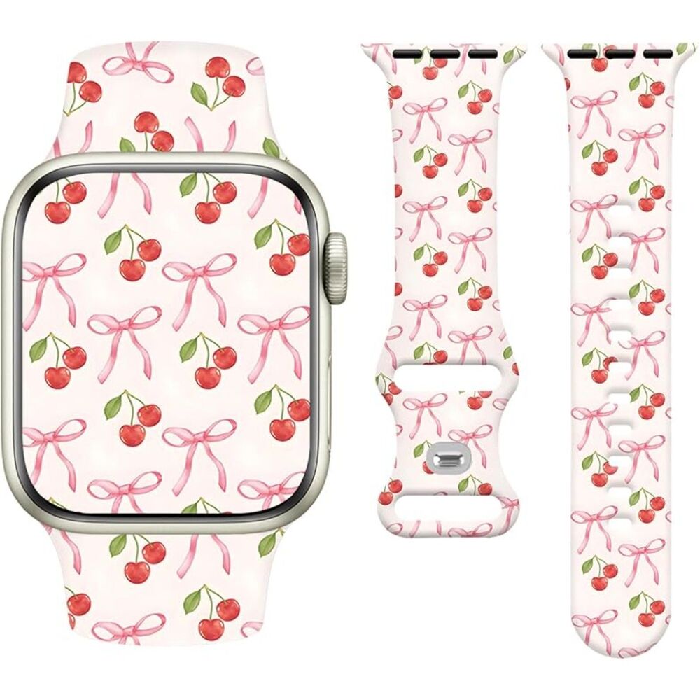 Cute Pink Bows and Cherries Soft Silicone Watch Band for Apple Watch 38mm-49mm